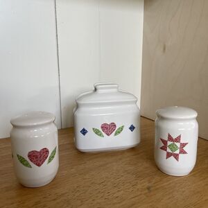 Vintage Corning Life Styles Quilt 3 Piece Salt & Pepper Shaker & Napkin Holder